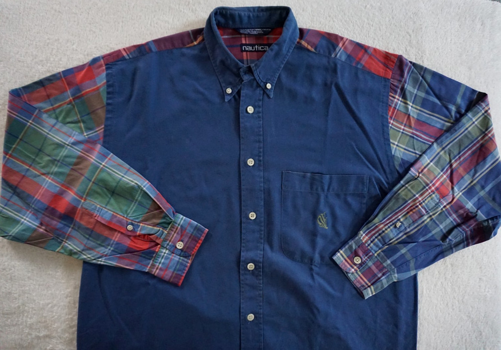 Vintage Nautica Colorblock Patchwork Plaid Shirt Mens L 90s Preppy Americana Y2K